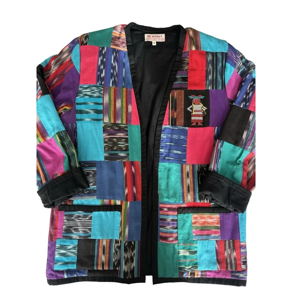 Vtg Big Jaguar Open‎ Jacket Guatemala Ikat Patchwork 3D Vaquero & Cowgirl Size M